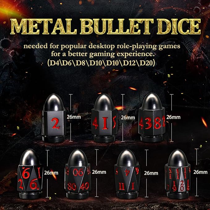 Bullet Dice Set, DND Dice Metal Revolver，ZHOORQI D6 Gun Dice D&D Gifts for Dungeons and Dragons, RPGs(7-Red Number)
