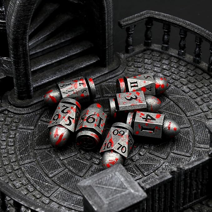 Bullet DND Dice for Dungeons and Dragons, Solid Metal Dice Set D&D with Box Polyhedral D and D Dice for Role Playing Tabletop D20 D12 D10 D8 D6 D4 (Bullet Sliver Blood Spot)