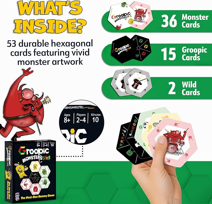 Groopic Monster's Style - A Fun Twist on The Beloved Rummy Game. Board Games for Family Night, Card Games for Kids 8-12, Innovative Rummy Card Game Set, Tile Games for Families, Ages 8+