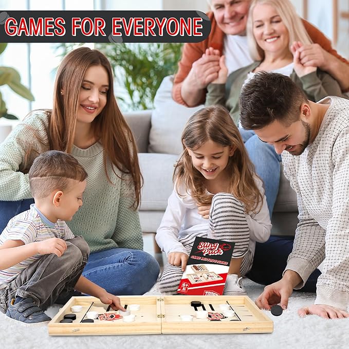 4 in 1 Fast Foldable Slingshot Puck Game with Chess Board and Checkers Board, Tic Tac Toe, Wooden Air Hockey for Family Night, Table Games for Adults and Kids