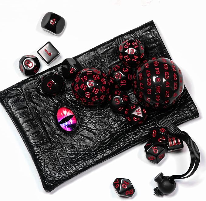 15 Pieces Complete Polyhedral DND Dice Set D3-D100 Spherical D&D Dice Set with Dragon Eye Dice Bag, D100 Dice for Dungeons and Dragons, RPG, MTG Table Games(Black w/Red Numbers)