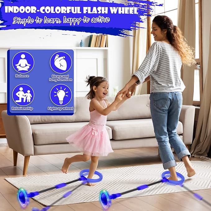 Ankle Skip Ball for Kids, Foldable Colorful Light Flash Wheel Skip Ball for Adults, Indoor Outdoor Game Toys for Kids Girls Boys, Gift for Girls, Boys Ages 5 6 7 8 9 10 11 12 Years Old- Blue
