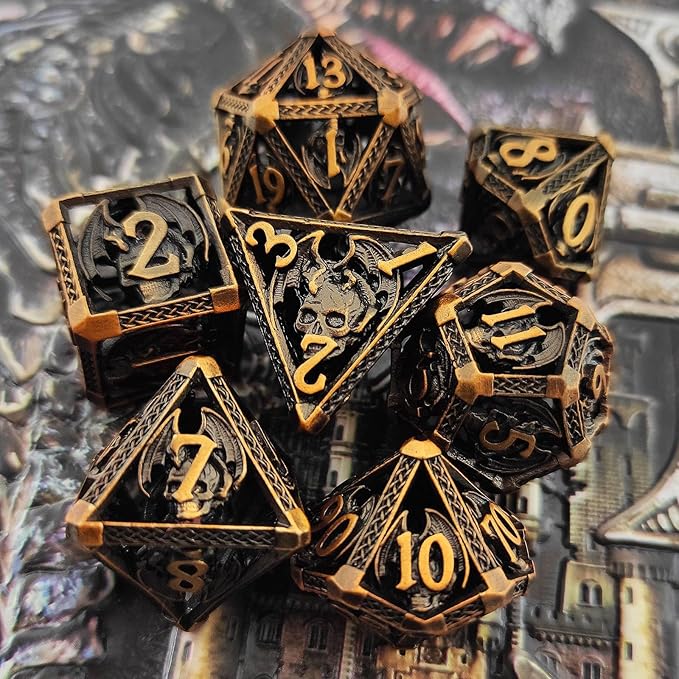 D&D DND Dice Set 7pcs Metal Hollow Polyhedron Dungeons and Dragons Gifts Bag TTRPG MTG Pathfinder Board Game Accessories D and D Roll Playing Dice D20 D12 D10 D% D8 D6 D4-Ancient Gold