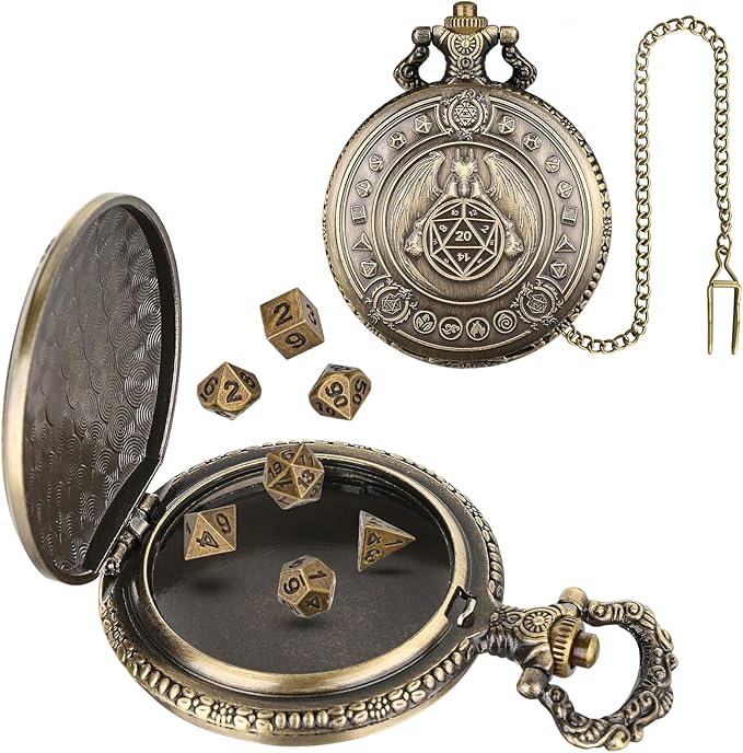 Mini DND Dice Set Dragon Bronze Pocket Watch Shell Case, 7pcs Polyhedral Metal D&D Dice Set, DND Gifts with Gift Box, D&D Gift, Role Playing Board Games Accessories