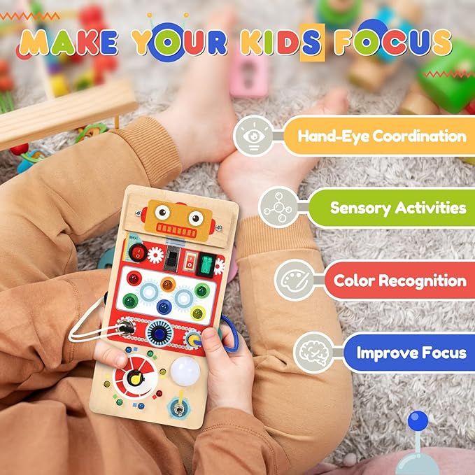 Upltowtme Montessori Busy Board for Toddlers LED Wooden Sensory Toy with 8 Switch Light Early Activity Motor Skills Educational Toy for 3+ Year Old Boys Girls Orange Robot Chirstmas Gift for Kid