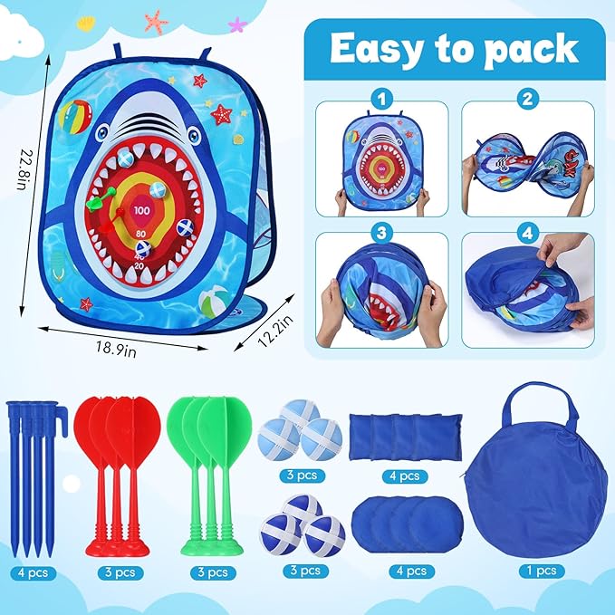 Libima 57 Pcs Carnival Outdoor Games Set for Kids, Include Shark Bean Bag Toss Plastic Cones Bean Bags Ring Toss, Field Yard Lawn Outdoor Game, Gift for Birthday Party Christmas