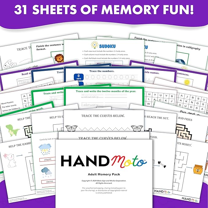 HandMoto Adult Memory Games Activity Pack – Memory Games for Seniors Education & Learning Activity Sheets, Fun Alphabet & Writing Workbooks for Adults & Kids, Kindergarten Workbooks for Handwriting