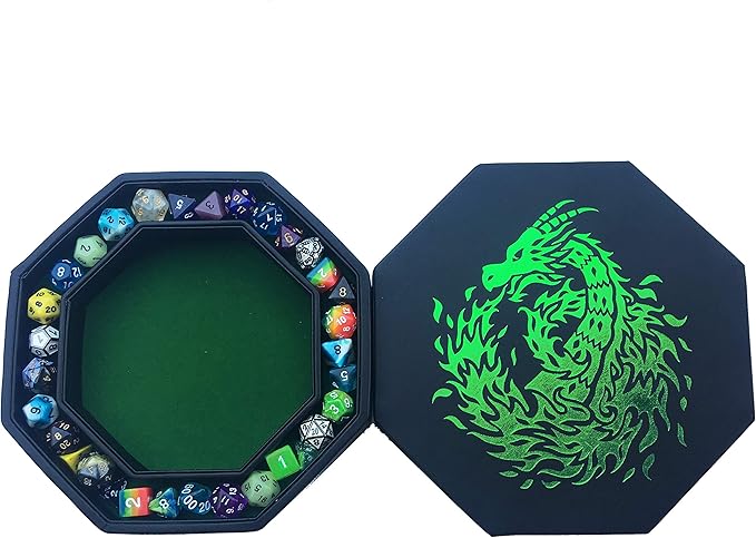 Green Fire Dragon Dice Tray with Wizard Book Print – 9" Octagon with Dice Staging Area, Holds 5 Dice Sets – Ideal for Tabletop RPGs and Board Games