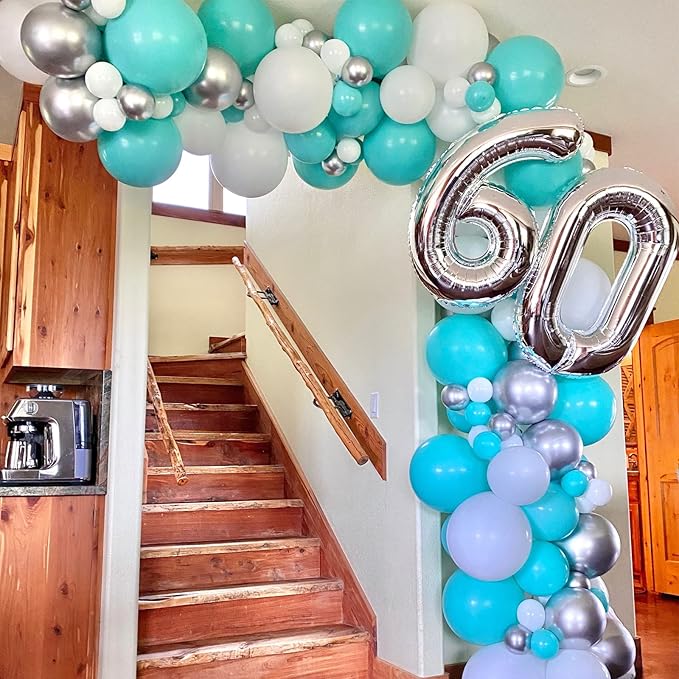 Teal Blue White Balloons, 50Pcs Turquoise Blue White Silver Confetti Latex Balloons for Wedding Bridal Baby Shower Birthday Graduation Party Decorations