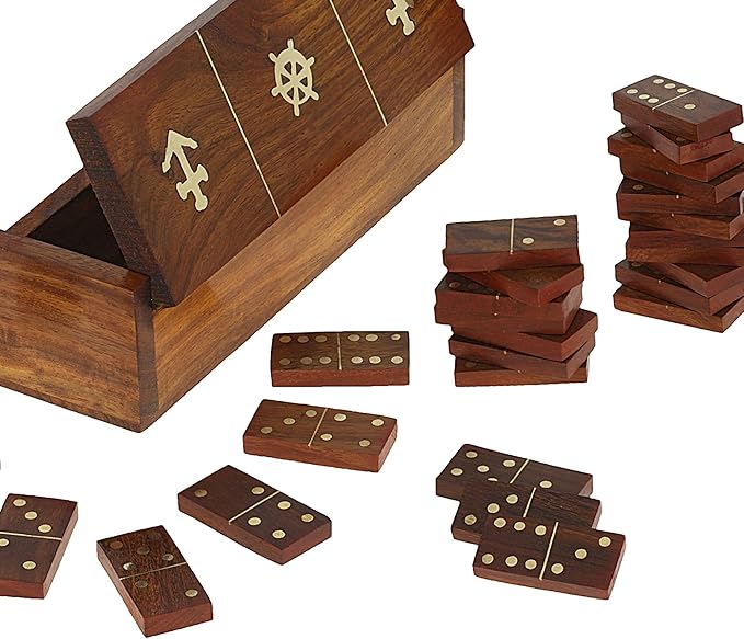 Ajuny Wooden Domino Game Set with Boat Wheel Anchor Design Classic Storage Box Numbers Table Handcrafted Dominoes Game for Kids Adults Family Outdoor Indoor Games 7.75x2 Inch