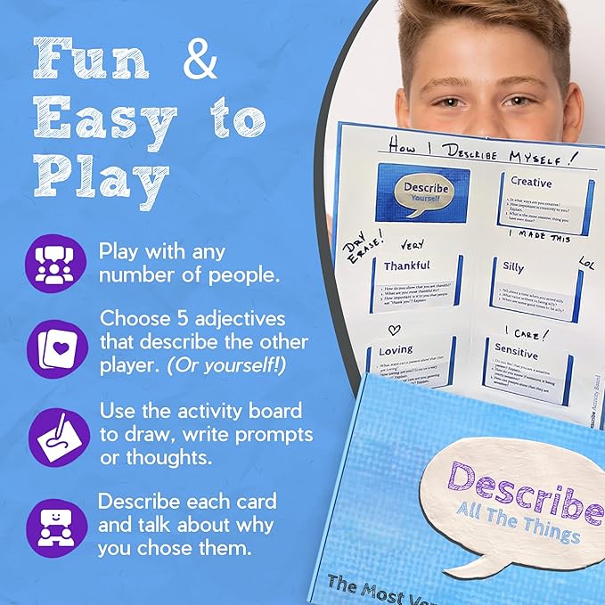 Describe Cards - All The Things Box, Over Two Dozen Games and Learning Activities for Families, Therapy, School, and More. Bundle Includes Deck One & Deck Two Conversation Cards with Activity Board.