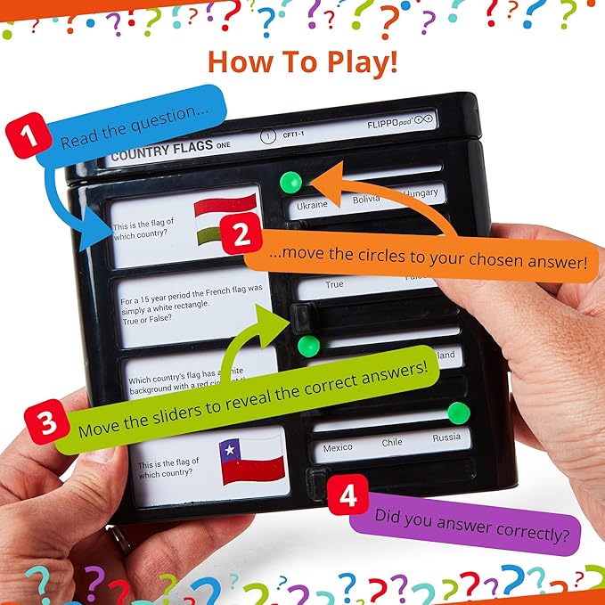 Quiz Device Game - Country Flags Trivia Quiz Game - 25 Cards - 200 Questions - Educational & Fun - Ideal Travel Games for Kids - Family Quiz Games - Portable Pack - Age 6+