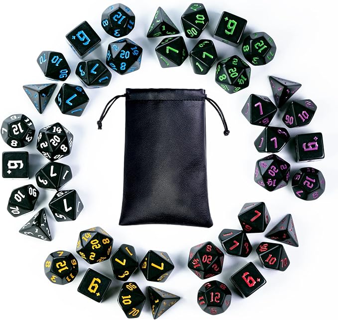6 Sets DND Dice, Polyhedral Dice Set (42pcs) with Leather Dice Bag, D&D Dice Set for Dungeons and Dragons, RPG Table Games (Sickle Font Black Series)