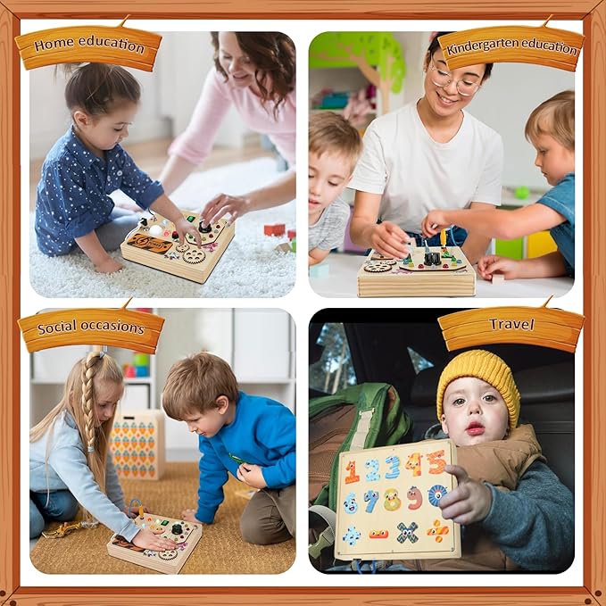 JAMIEWIN Montessori Busy Board with LED Light Switch for Toddlers 1-3, Wooden Sensory Board Travel Toys for Toddlers Baby, Montessori Toys Christmas Birthday Gifts for Boys Girls 1 + Year Old