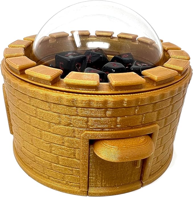 MunnyGrubbers - Castle Dice Popper V2 - Jail for TTRPG & Board Games - (Random 7PCS D20 Set Included) - Roller, Tower, Holder - Dungeons and Dragons - DND (Gold)