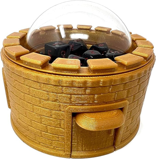 MunnyGrubbers - Castle Dice Popper V2 - Jail for TTRPG & Board Games - (Random 7PCS D20 Set Included) - Roller, Tower, Holder - Dungeons and Dragons - DND (Gold)
