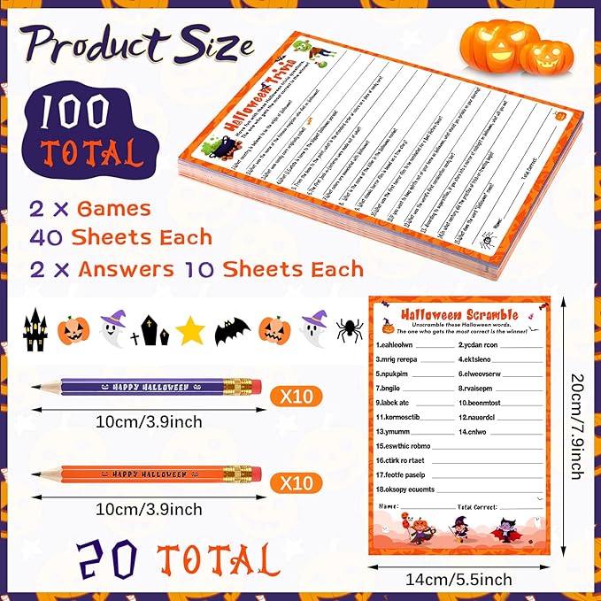 Kathfly 120 Pcs Halloween Games for Adults Include 2 Sets 40 Halloween Games Cards 20 Answer Cards and 20 Pencils, Baby Shower Party Supplies Word Scramble for Adults Groups (Horrible)