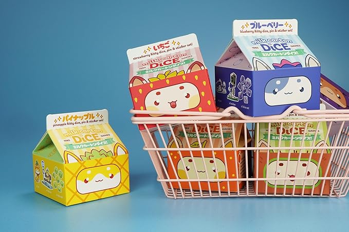 1985 Games Orange Kawaii Cat Dice Set – Milk Carton-Inspired Dice for DND | TTRPGs & Tabletop Roleplaying