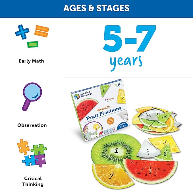 Learning Resources Magnetic Fruit Fractions, Number Learning for Kids Math, Montessori Math, Games for Kids, Educational Indoor Games, 24 Pieces, Age 6+