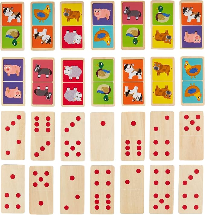 Imagination Generation Busy Barnyard Wooden Dominoes - Reversible! Classic and Matching Games (28pcs)