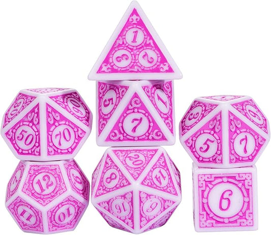 7PCs DND Dice Set, Unique Window Lattice Pattern D&D Dice Set with Leather Dice Bag, Polyhedral Dice for Dungeons and Dragons, RPG, MTG Table Games (Pink/White)