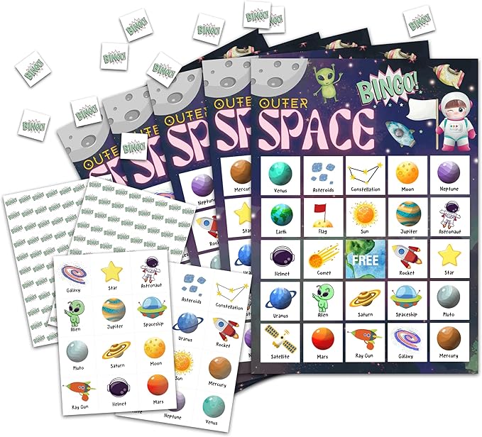 Space Bingo Card Game, Outer Space Bingo Game for Family Adults, Space Birthday Party Supplies, Favors, Space Party Decorations, Gift – 24 Players Bingo Game, C04