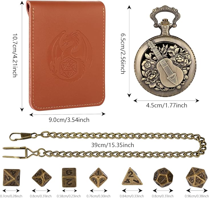 Mini DND Dice Set Steampunk Hollow Bard Pocket Watch Shell Case, 7pcs Tiny Polyhedral Metal D&D Dice Set, DND Gifts with Leather Bag, Role Playing Board Games Accessories, Bronze
