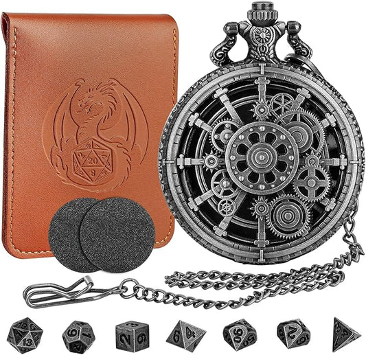 Mini DND Dice Set with Steampunk Hollow Gear Pocket Watch Shell Case, Tiny 7pcs Polyhedral Metal D&D Dice,DND Gifts with Leather Bag, Christmas Gifts, Role Playing Board Games Accessories, Silver