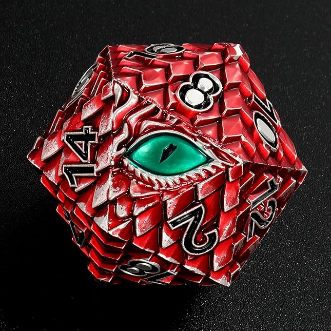 Dragon Eye Scale DND Metal Dice,33mm 20 Sided Giant D20, Large Polyhedral Dice, D&D Metal Dice Set for Dungeons and Dragons, RPG, MTG & Tabletop Games(Red with Green Eye)