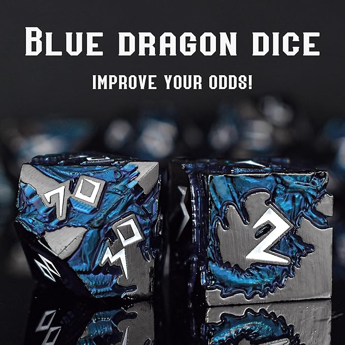 Rule Cool Metallic D&D Dice - Unique Polyhedral MTG RPG Gaming Blue Dragon Theme Dice Set In Black White Gift Box