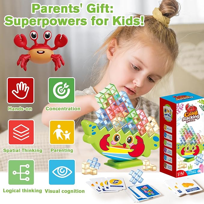 Crab Balance Stacking Game for Kids 3+ | Montessori Fine Motor Skill Toys, Building Blocks Set with Vibrant Colors | Improve Focus & Coordination | Gift Ready in Reusable Box