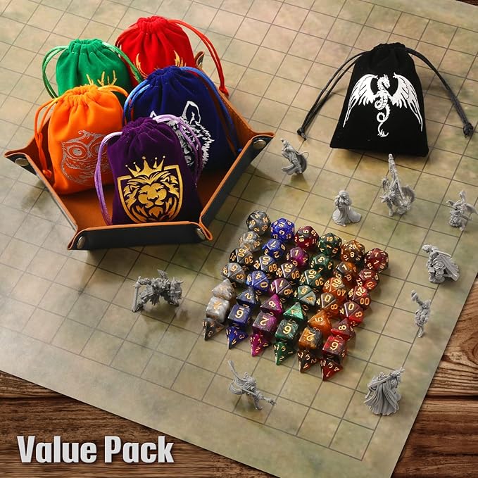 DND Dice Set, 42 Pcs polyhedral dice Set with 6 Colorful Animal Pattern Dice Bag and PU Leather and Velvet dice Tray for Dungeons and Dragons D&D RPG MTG Table Games Starry Sky