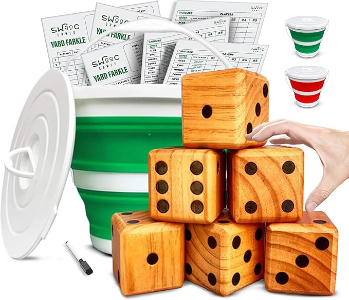 SWOOC Games - Yardzee, Farkle & 20+ Games - Light-Weight Yard Dice Game Set (All Weather) with Collapsible Bucket, 5 Big Laminated Score Cards, and Marker (Choose 2.5in or 3.5in Dice) Yard Games
