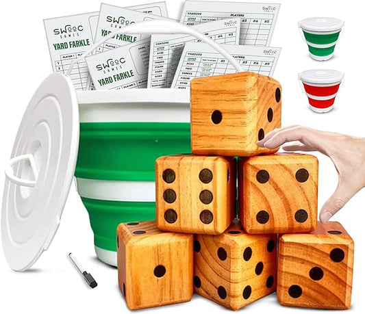 SWOOC Games - Yardzee, Farkle & 20+ Games - Light-Weight Yard Dice Game Set (All Weather) with Collapsible Bucket, 5 Big Laminated Score Cards, and Marker (Choose 2.5in or 3.5in Dice) Yard Games