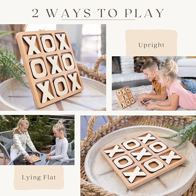 Tic Tac Toe Game, Versatile Boho Natural Wood Tic Tac Toe Board for Classic Two Person Games, 8.63 Inches Tic Tac Toe Coffee Table Decor, Two Ways to Play
