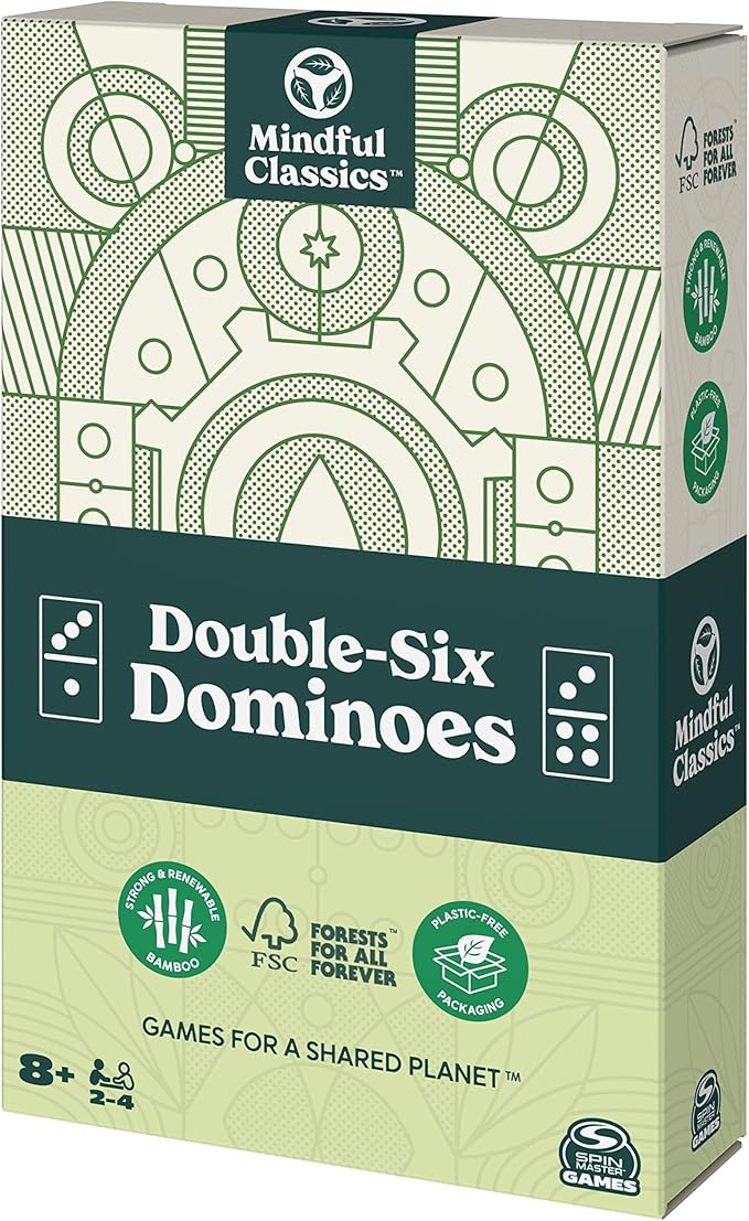 Mindful Classics, Double-Six Wood Dominoes Set Sustainable Classic Games with Wood Storage Case, for Adults and Kids Ages 8 and up