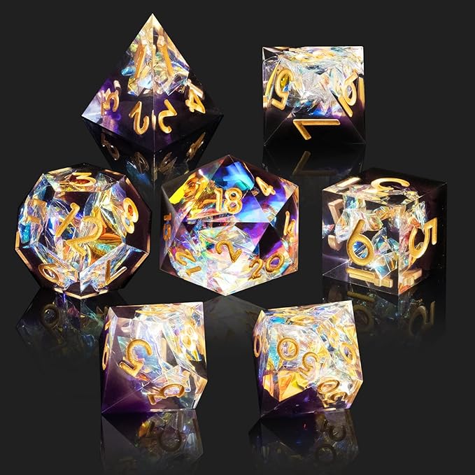 DND Dice Set Resin Sharp Edge Handmade 7pcs Polyhedral Dice Set DND RPG MTG Role Playing Game Dice Set D&D Dice with Gift Case for Dungeons and Dragon (White-Violet)