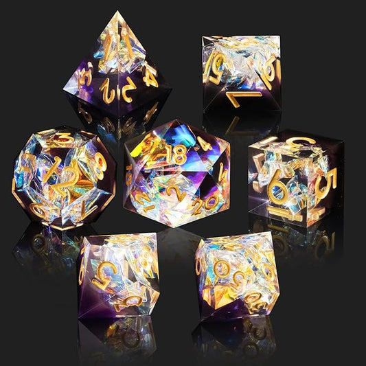 DND Dice Set Resin Sharp Edge Handmade 7pcs Polyhedral Dice Set DND RPG MTG Role Playing Game Dice Set D&D Dice with Gift Case for Dungeons and Dragon (White-Violet)