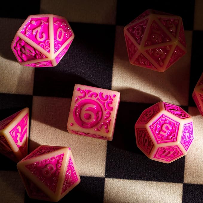 7-Die DND Dice Set New Pattern Polyhedral Dice Set with Leather Bag D&D Dice Set for Dungeons and Dragons RPG MTG Table Games(Yellow Pink)