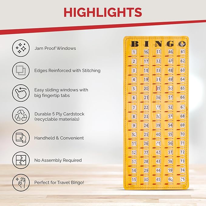 MR CHIPS Jam-Proof Finger Tip Master Bingo Card with Sliding Windows Large Cardboard Calling Cards Woodgrain Style