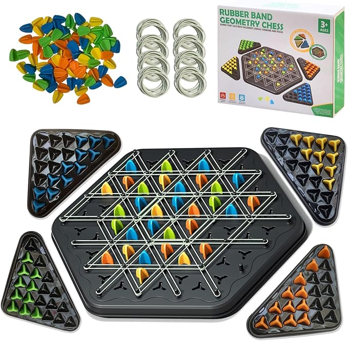 Chain Chess Game,Triangle Rubber Bands Chess Strategy Game Territorial Challenges Chess Geometric Board Table Games 2 to 4 Players,Educational Game for Adults and Kids for Family Night
