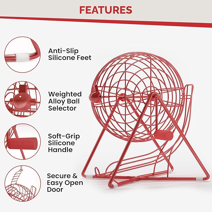 MR CHIPS 11" (Inch) Tall Professional Bingo Set with Steel Cage, Everlasting 7/8” Balls, Master Board for Balls - Lucky Red Color