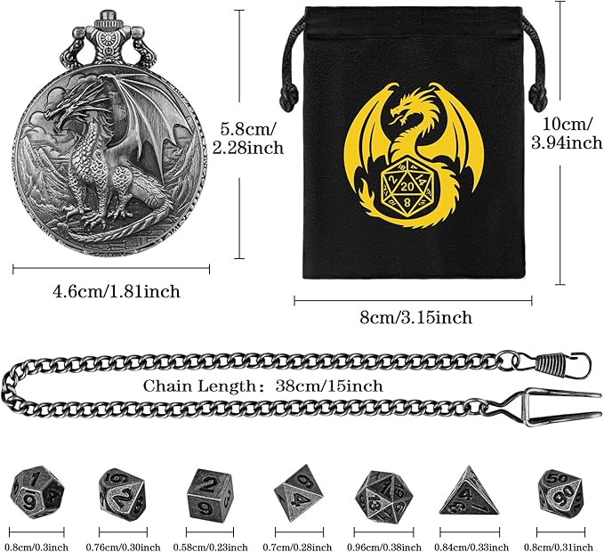 Mini DND Dice Set with Steampunk Dragon Pocket Watch Shell Case, 7pcs Polyhedral Metal DND Dice Set, DND Starter Set, D&D Gifts with Dragon Logo Gift Bag, Role Playing Board Games Accessories, Silver