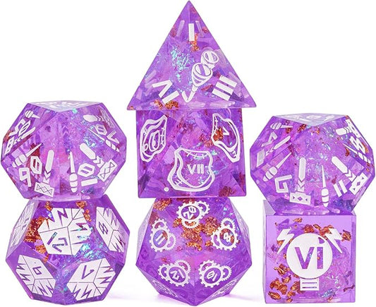Cusdie Sharp Edges DND Dice, 7 PCs D&D Dice, Handcrafted Polyhedral Dice Set, for Role Playing Game Pathfinder(Purple/Roman Numerals)