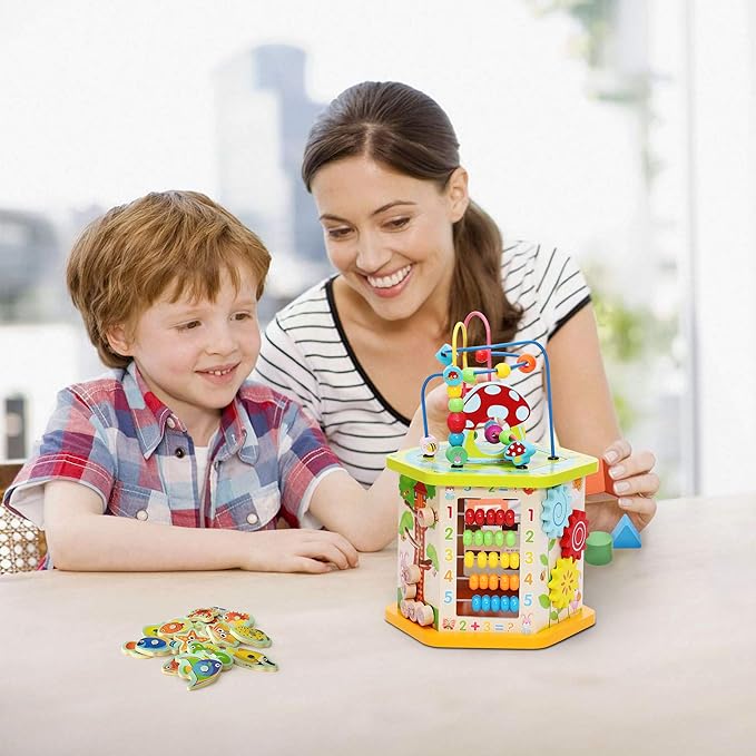 LAVIEVERT 9-in-1 Wooden Play Cube Activity Center Multifunctional Bead Maze Shape Sorter Educational Toys Game for Toddlers & Kids