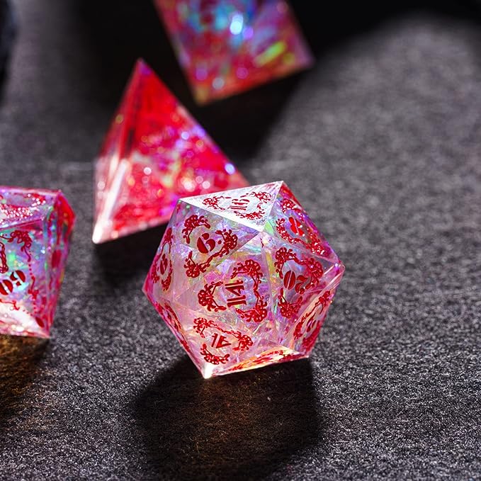 Cusdie DND Dice Set Handmade 7PCs Sharp Edge Dice, D&D Dice Set Unique with Patterns and Glitter Foil Inclusions Polyhedral Dice Set for Dungeons and Dragons RPG Table Games(Flower&Skull-R)