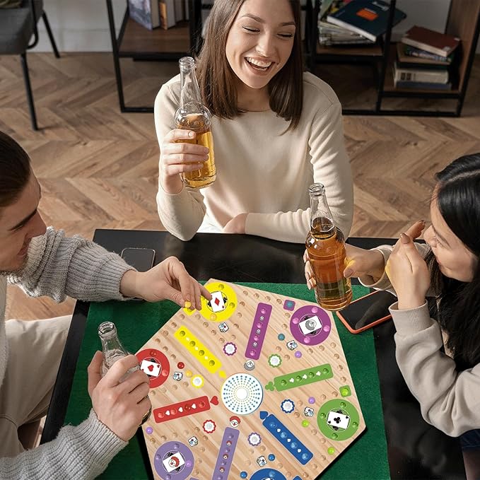 Fast Track Marble Board Game, Wahoo Board Game Double Sided Painted, Fast Track Board Games for 6 and 4 Players, Includes 6 Colors 30 Marbles, 1 Deck of PVC Playing Cards, 1 Canvas Bag