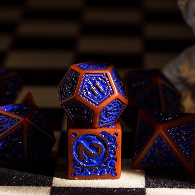 7-Die DND Dice Set New Pattern Polyhedral Dice Set with Leather Bag D&D Dice Set for Dungeons and Dragons RPG MTG Table Games(Brown Blue)