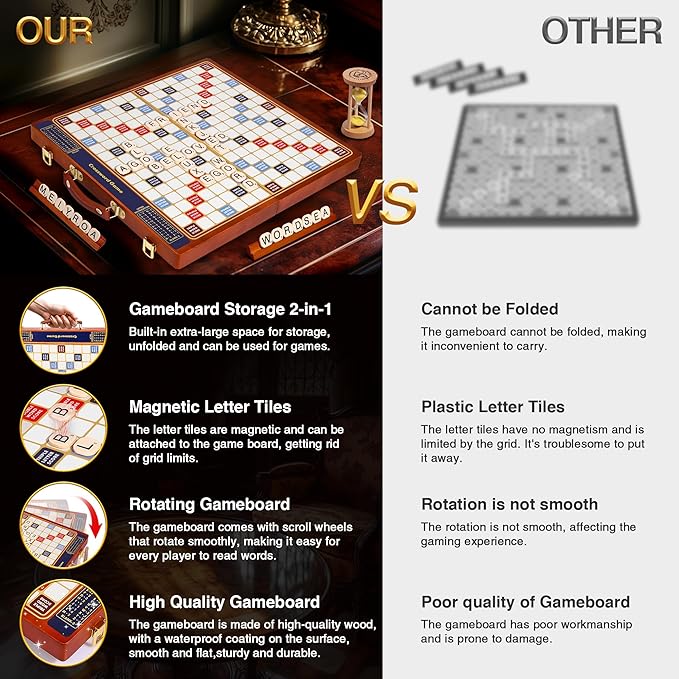 Crossword Game with Magnetic Letter Tiles, Foldable Board into Portable Carry Case, Luxury Edition Word Building Game with Rotating Wooden Board, Educational Family Game for 2-4 Players