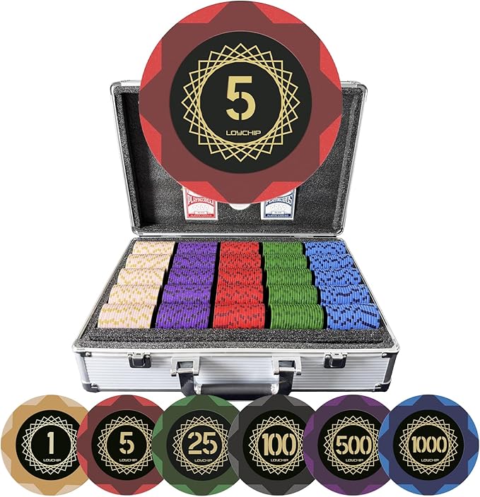 Clay Poker Set with Numbered Chips 1000-pcs for Card Board Game, 14g Weight with Playing Cards for Texas Hold'em, Blackjack Gambling, Late Night Poker Games